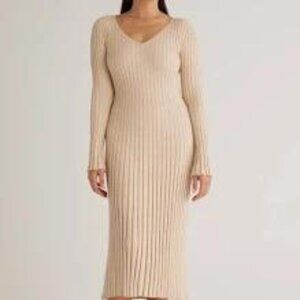 Quince Cotton Cashmere Ribbed Long Sleeve V-Neck Midi Dress